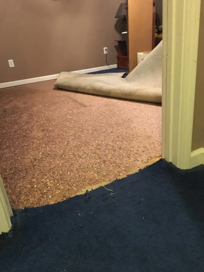 Carpet pad removal revealing water damage during Water Mitigation Services in Rosenberg